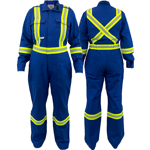Front and back view of women's royal blue coveralls with reflective striping.