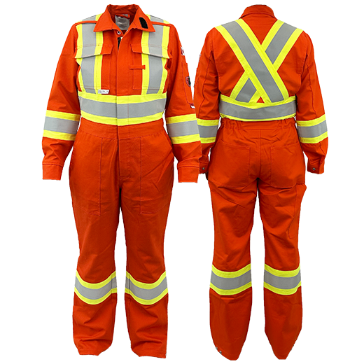 Women's orange coveralls with reflective striping, front and back view