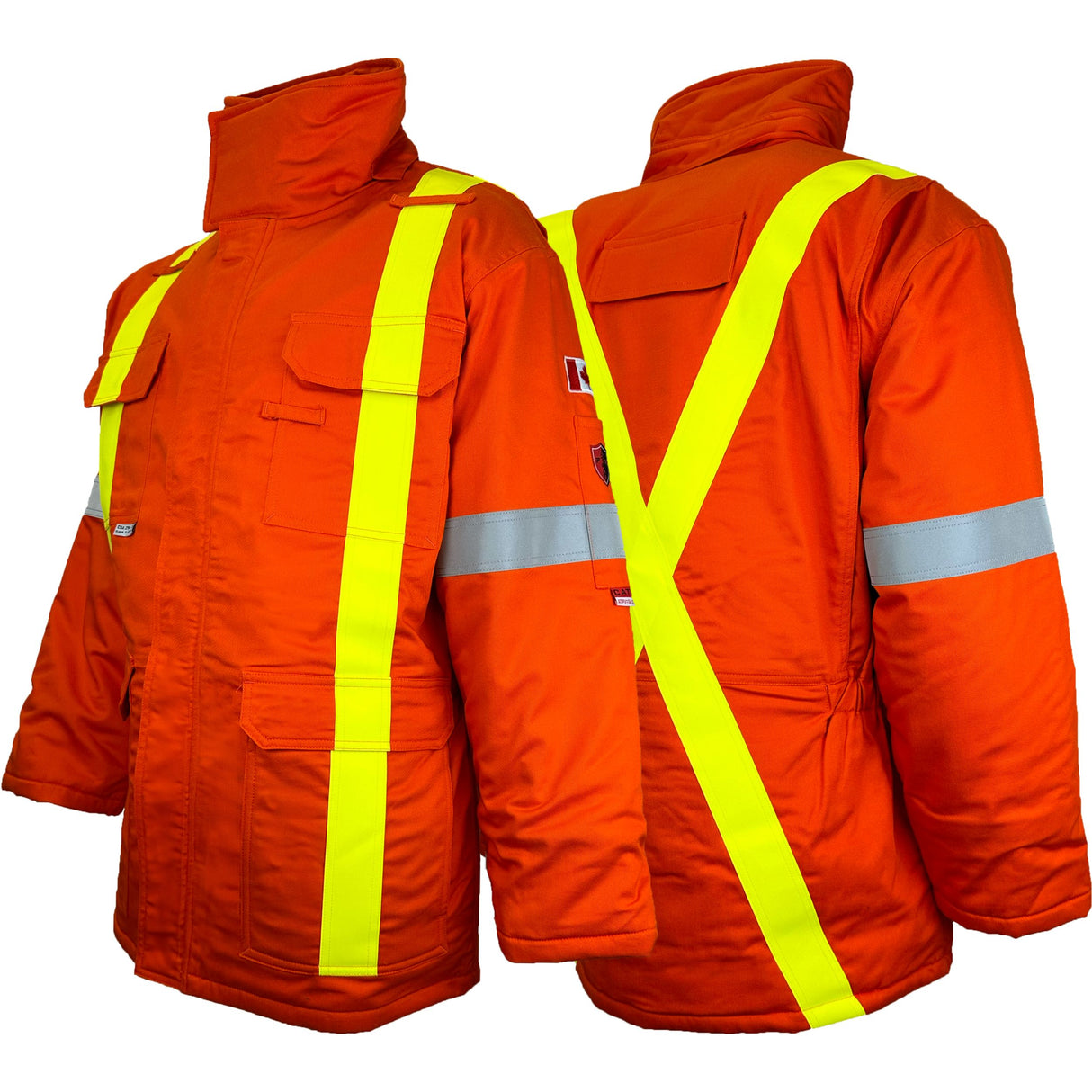 A two-sided view of an orange high-visibility jacket with OHSA Style reflective stripes and a hood, designed for work safety with shoulder straps and a D-ring access point on the back.