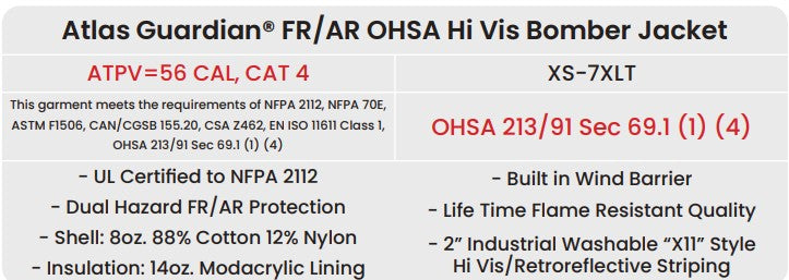 Orange Atlas Guardian FR/AR OHSA Hi Vis Bomber Jacket by Atlas Workwear - Style 2153OR