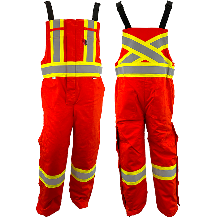 A pair of orange high visibility winter bibs with reflective yellow and silver striping, designed for FR/AR protection.