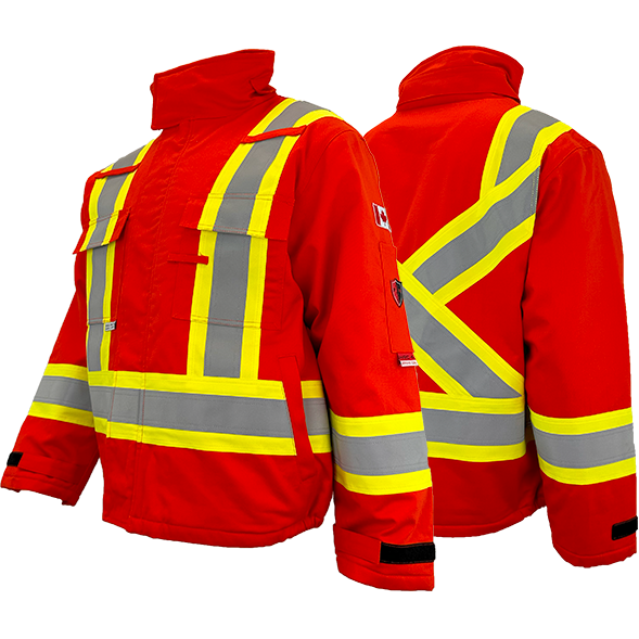 Atlas Orange ARC FR bomber jacket with yellow reflective stripes, designed for safety and meets multiple safety standards.