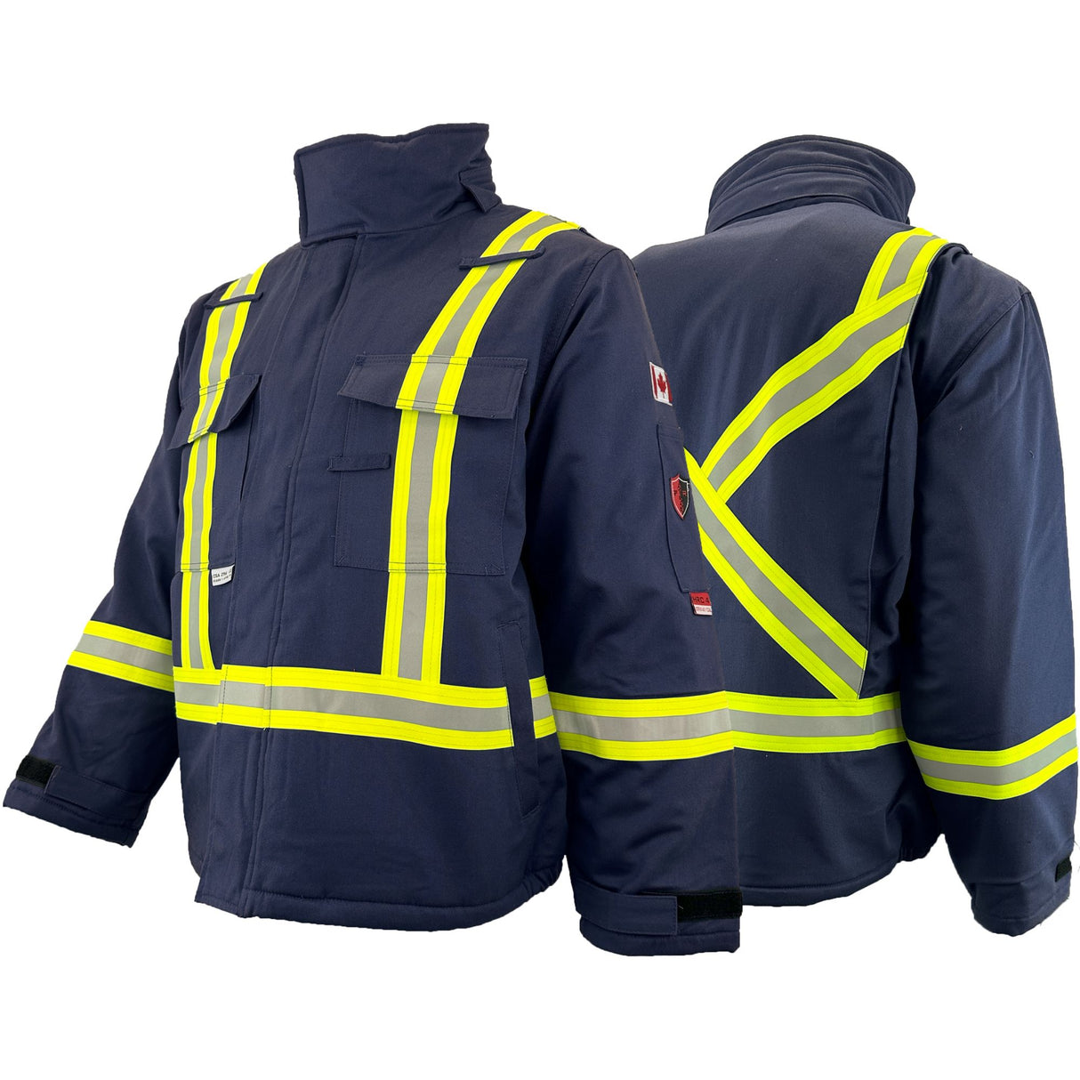 Front and back view of a blue insulated FR/AR bomber jacket with yellow reflective stripes, designed for safety and high visibility.