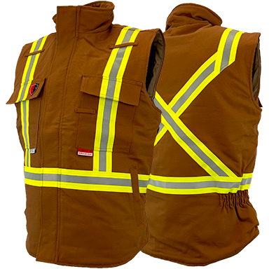A front and back view of a brown insulated bomber vest with reflective yellow stripes, showing the collar and multiple pockets.