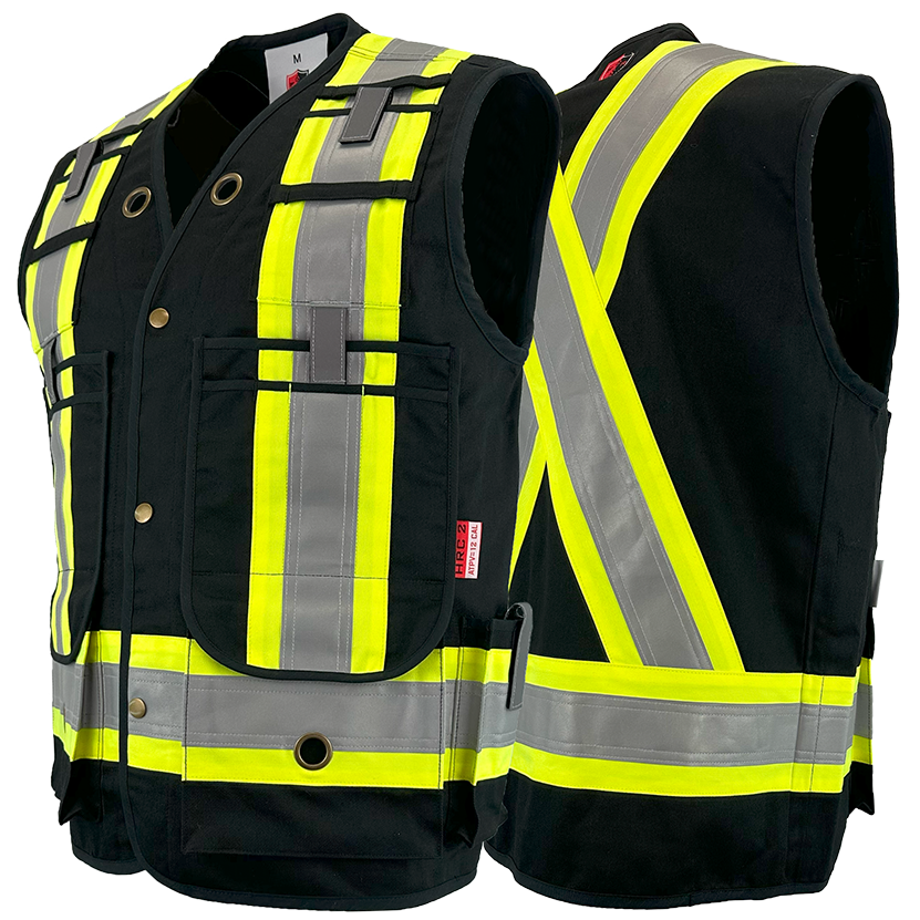 High visibility safety vests with reflective yellow stripes, multiple pockets, and clips, designed for FR/AR protection.