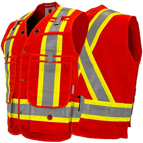 High visibility safety vests with reflective yellow stripes, multiple pockets, and clips, designed for FR/AR protection.