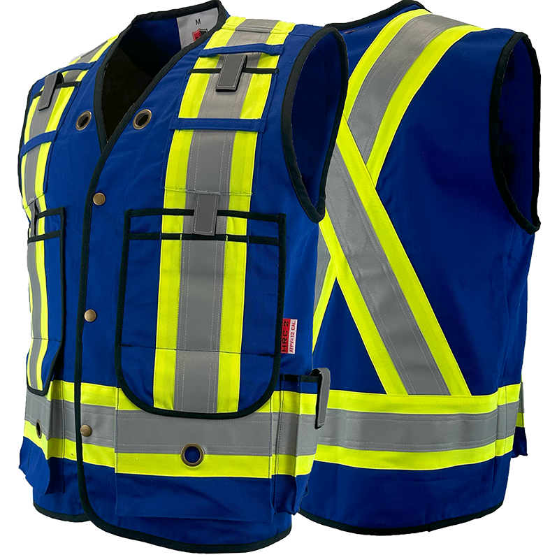 High visibility safety vests with reflective yellow stripes, multiple pockets, and clips, designed for FR/AR protection.