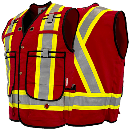 High visibility safety vests with reflective yellow stripes, multiple pockets, and clips, designed for FR/AR protection.