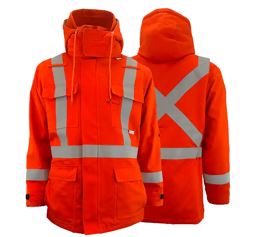 An orange high visibility 3-in-1 parka with silver reflective striping, including a fleece hoodie and shell jacket layers, unzipped and displayed from multiple angles.