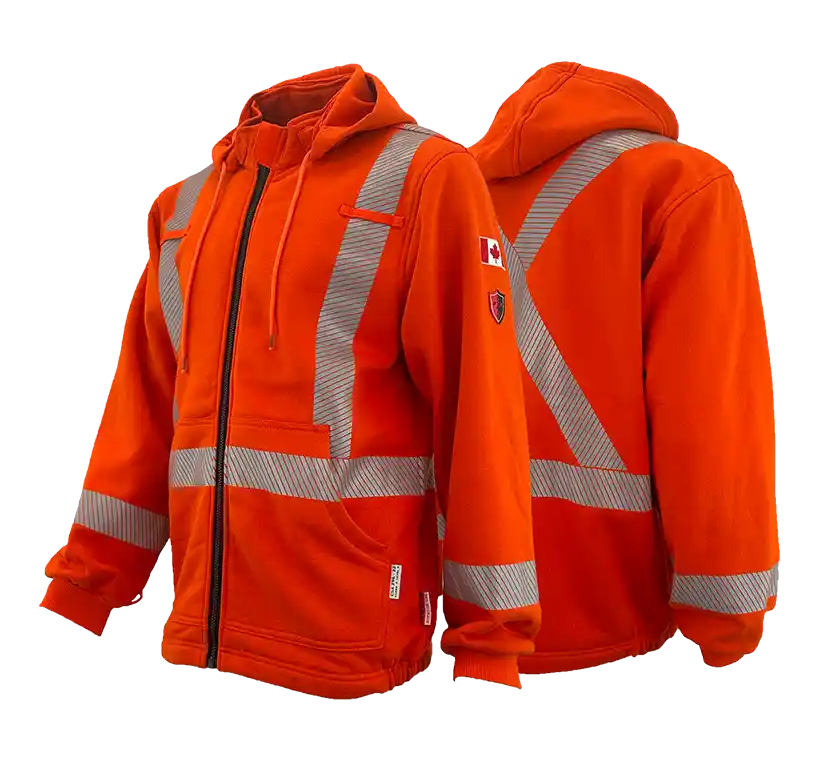 An orange high visibility 3-in-1 parka with silver reflective striping, including a fleece hoodie and shell jacket layers, unzipped and displayed from multiple angles.