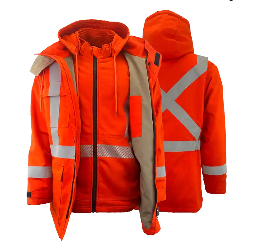 An orange high visibility 3-in-1 parka with silver reflective striping, including a fleece hoodie and shell jacket layers, unzipped and displayed from multiple angles.