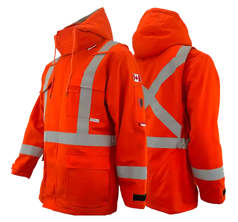 An orange high visibility 3-in-1 parka with silver reflective striping, including a fleece hoodie and shell jacket layers, unzipped and displayed from multiple angles.