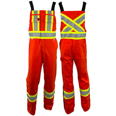 A pair of orange high visibility bib overalls with reflective yellow stripes and suspenders.
