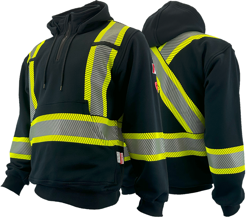 A black-colored hoodie with bright yellow 4-inch segmented reflective stripes, designed for arc flash protection.