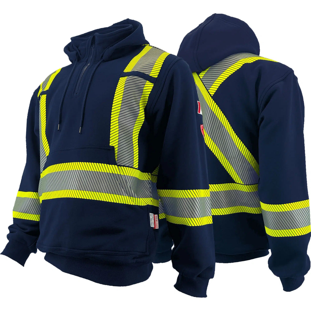 A navy-colored hoodie with bright yellow 4-inch segmented reflective stripes, designed for arc flash protection.