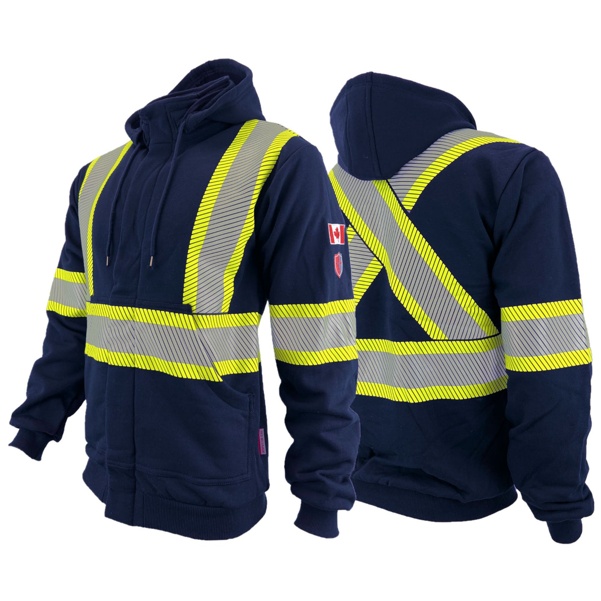 A navy blue hoodie with bright yellow and Silver segmented reflective stripes, a full zipper, and a hood by Atlas Workwear Style 402