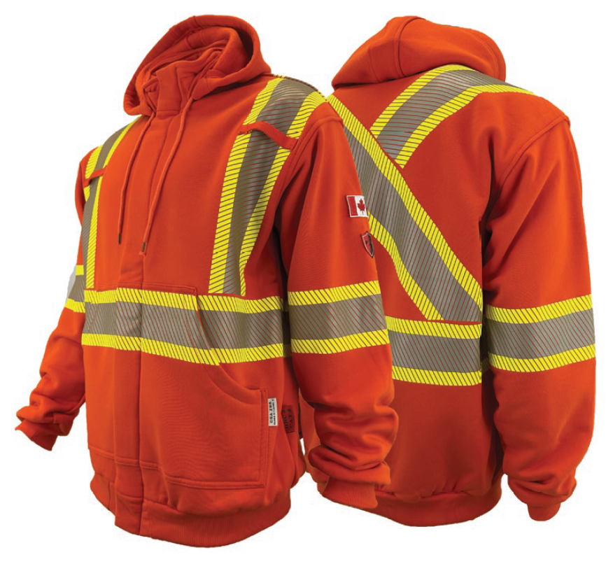 An Orange hoodie with bright yellow and Silver segmented reflective stripes, a full zipper, and a hood by Atlas Workwear Style 402