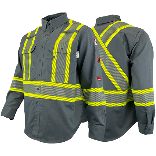 Grey work shirt with 4-inch yellow segmented reflective striping, button-up collar, and chest pockets.