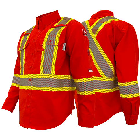 Safety orange work shirt with bright yellow segmented striping for high visibility.