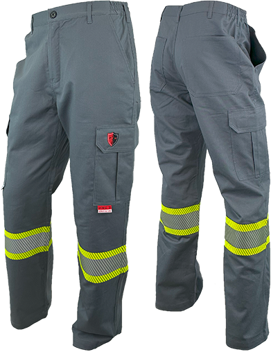 A pair of grey cargo pants with high visibility yellow segmented striping on the legs.