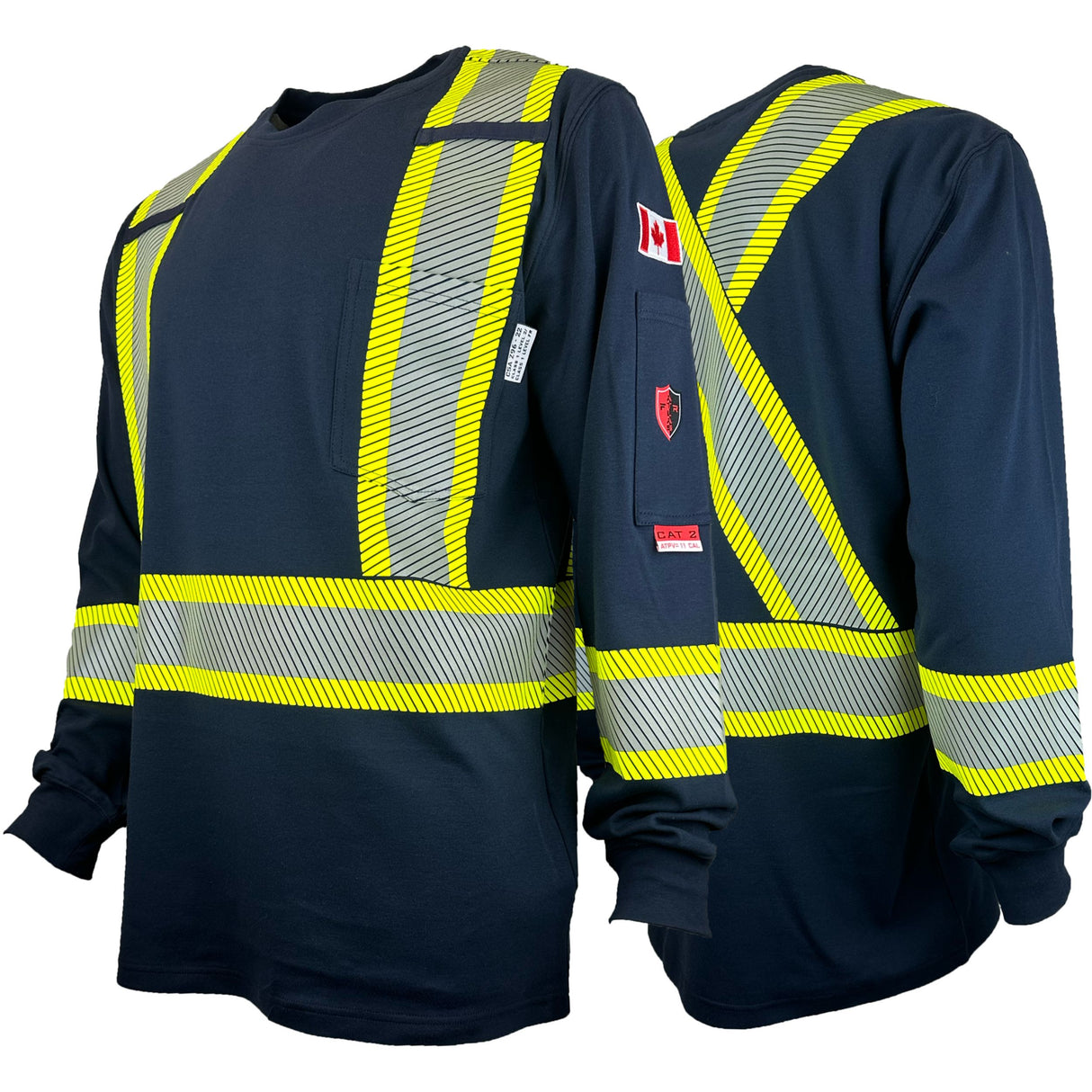 Navy blue long sleeve T-shirt with reflective yellow and Silver segmented striping, designed for Arc Flash and FR/AR protection.