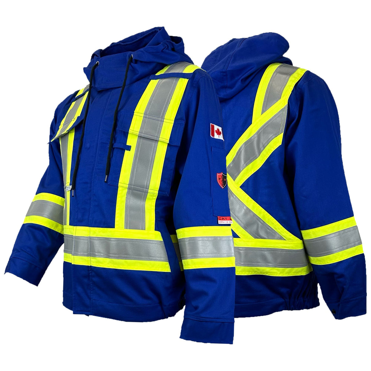 A royal blue safety jacket with reflective yellow stripes, designed for industrial use. The jacket features a hood, which is sold separately.