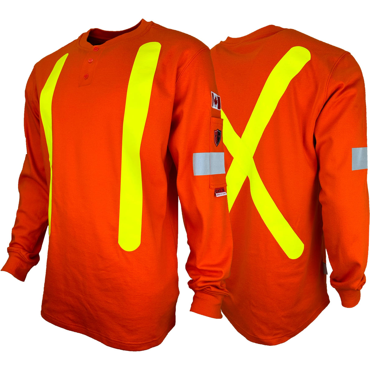 Orange High Visibility Long Sleeve Henley Shirt with OHSA Style striping by Atlas Workwear