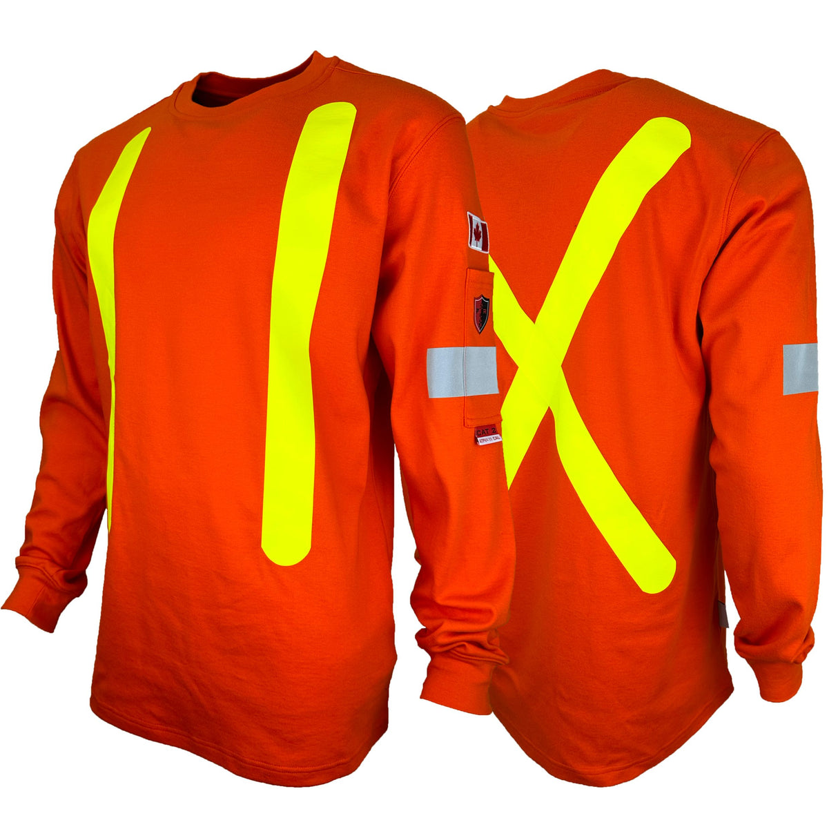 Front and back view of an orange long sleeve t-shirt with reflective striping designed for high visibility and safety.