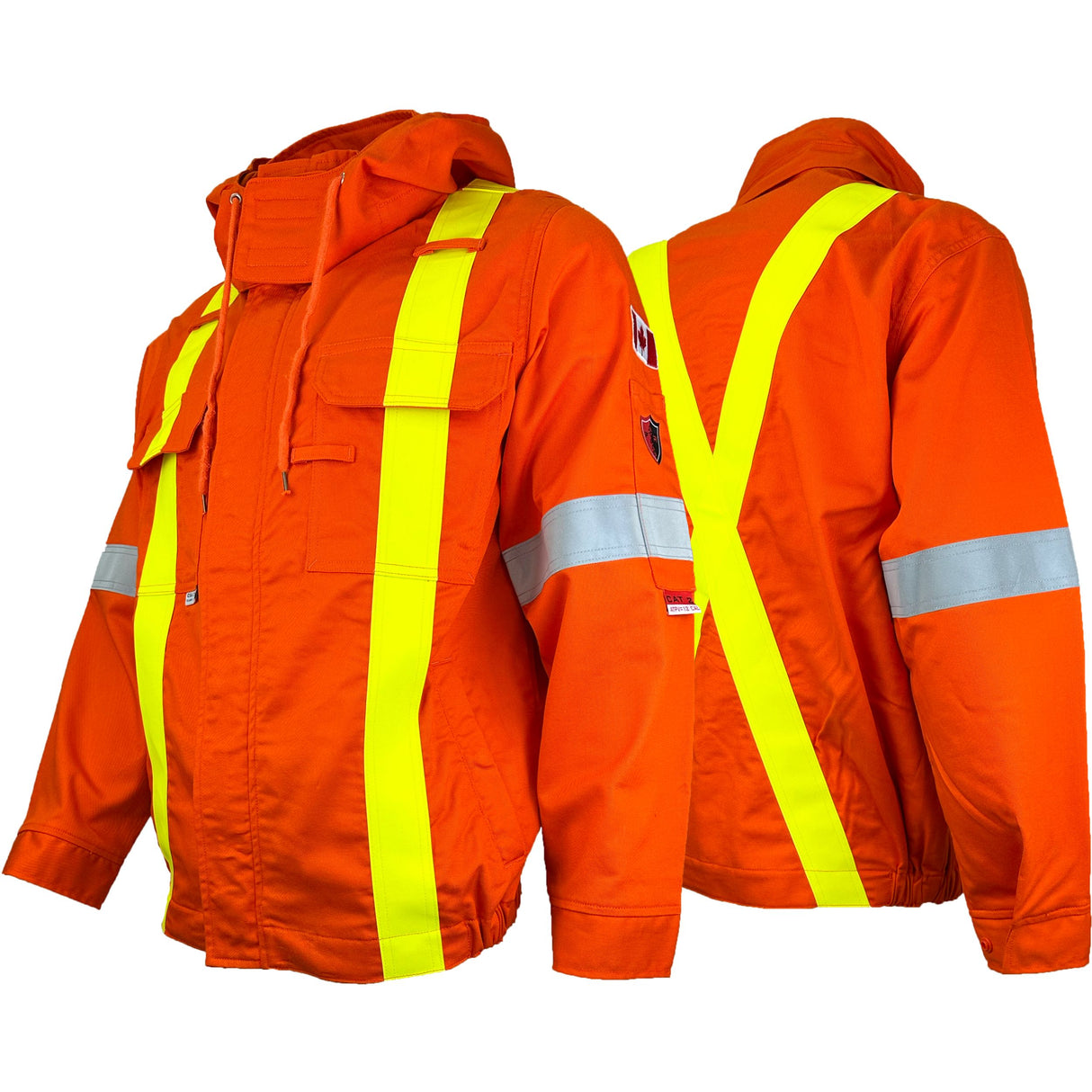 Orange hi-vis utility jacket with reflective yellow stripes, designed for flame and mechanical protection, meet NFPA 2112 standards.