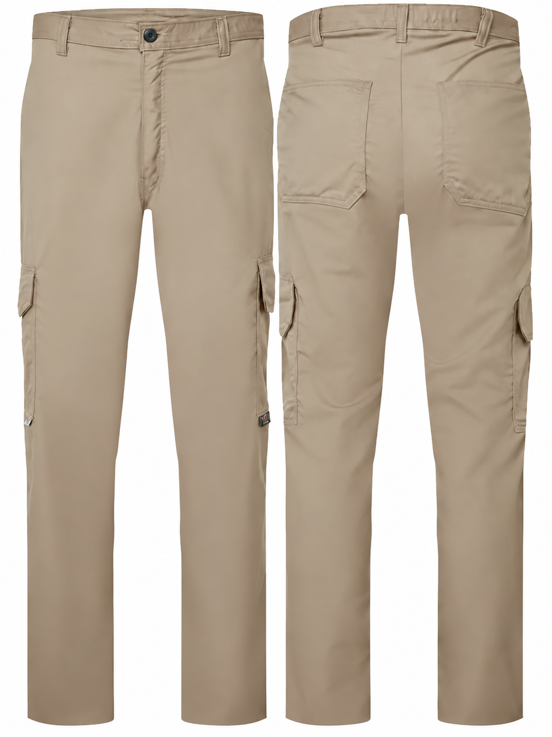 Avenger 7 oz Khaki FR cargo pants by IFR Workwear, front and back