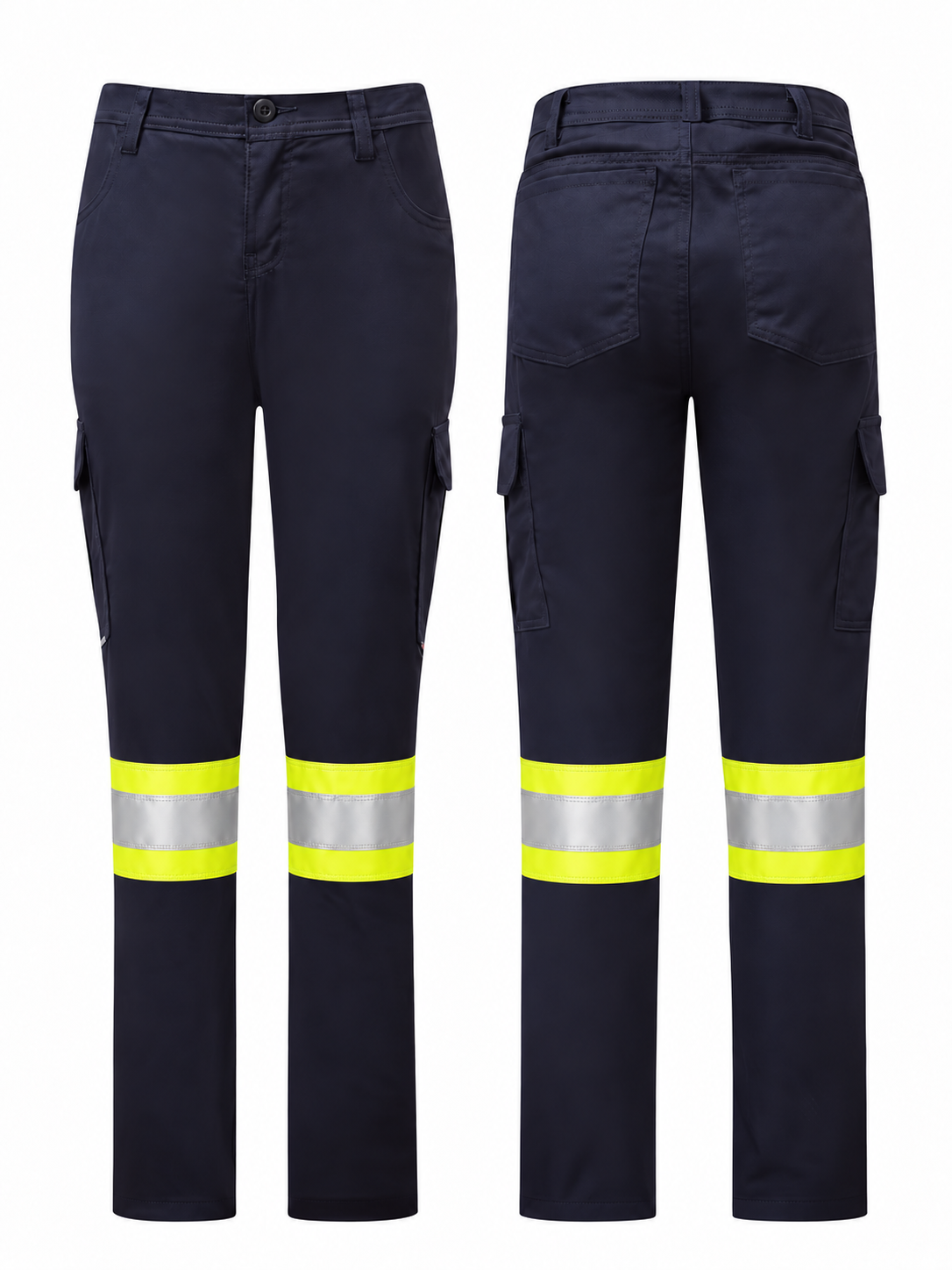 Women’s Avenger 7 oz navy FR cargo pants by IFR Workwear, Style 671, Sewn-on 4" Y/S/Y, front and back views