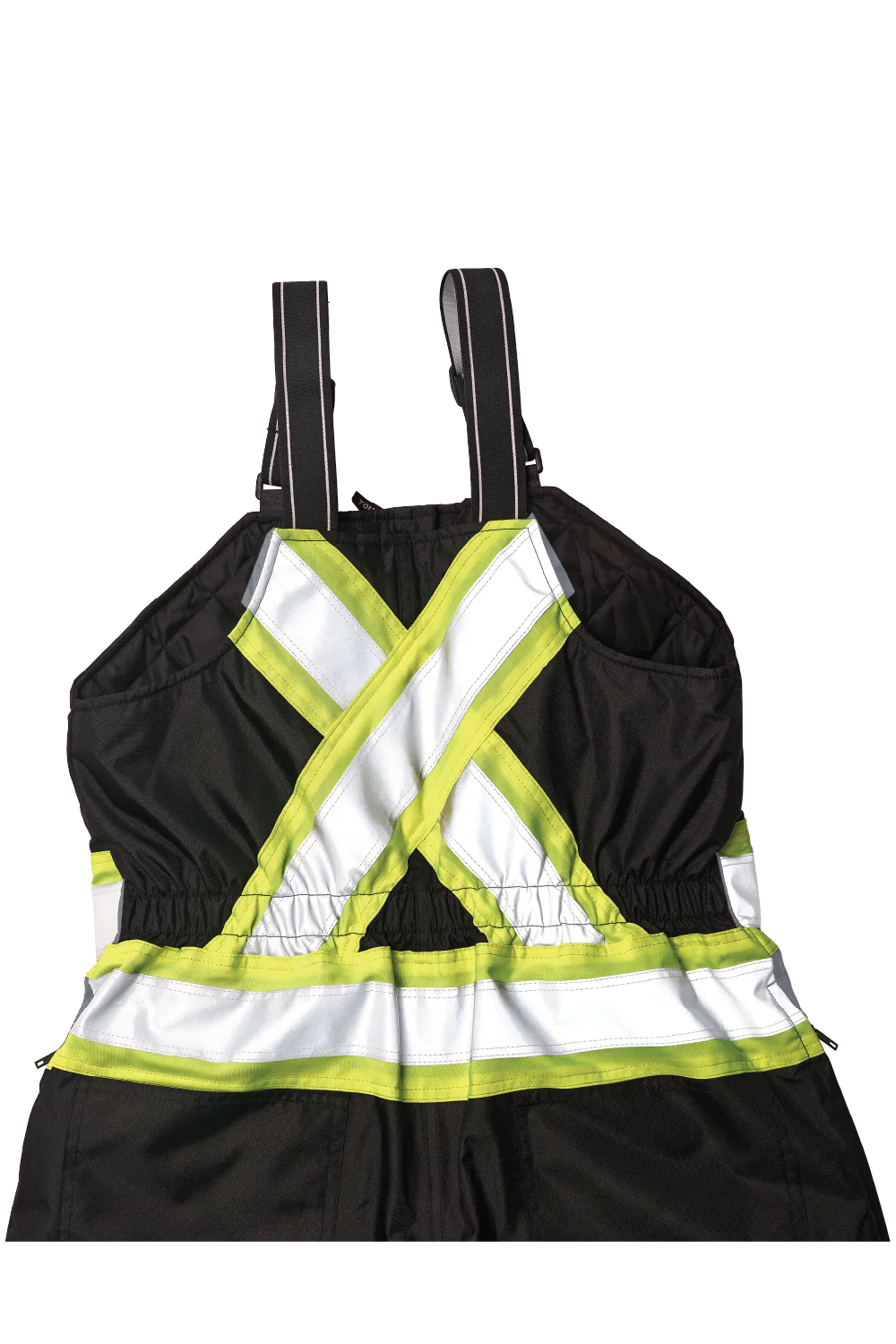 Safety bib with reflective yellow stripes on a white background