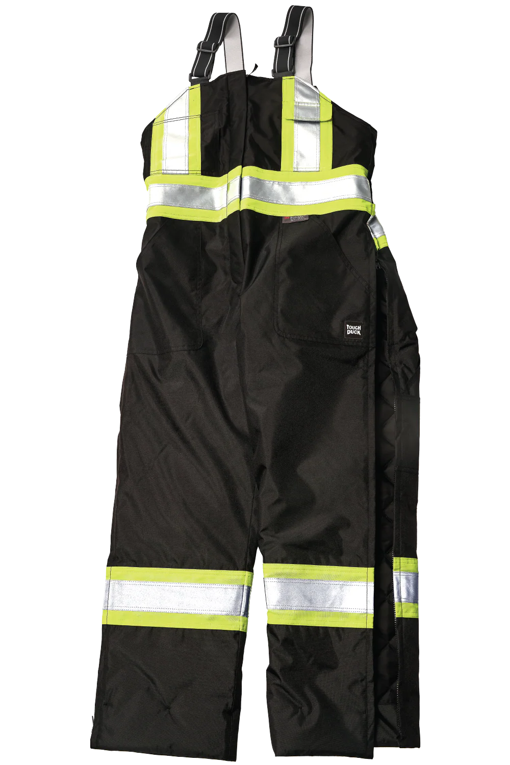 Black safety bib overalls with reflective yellow stripes on a white background