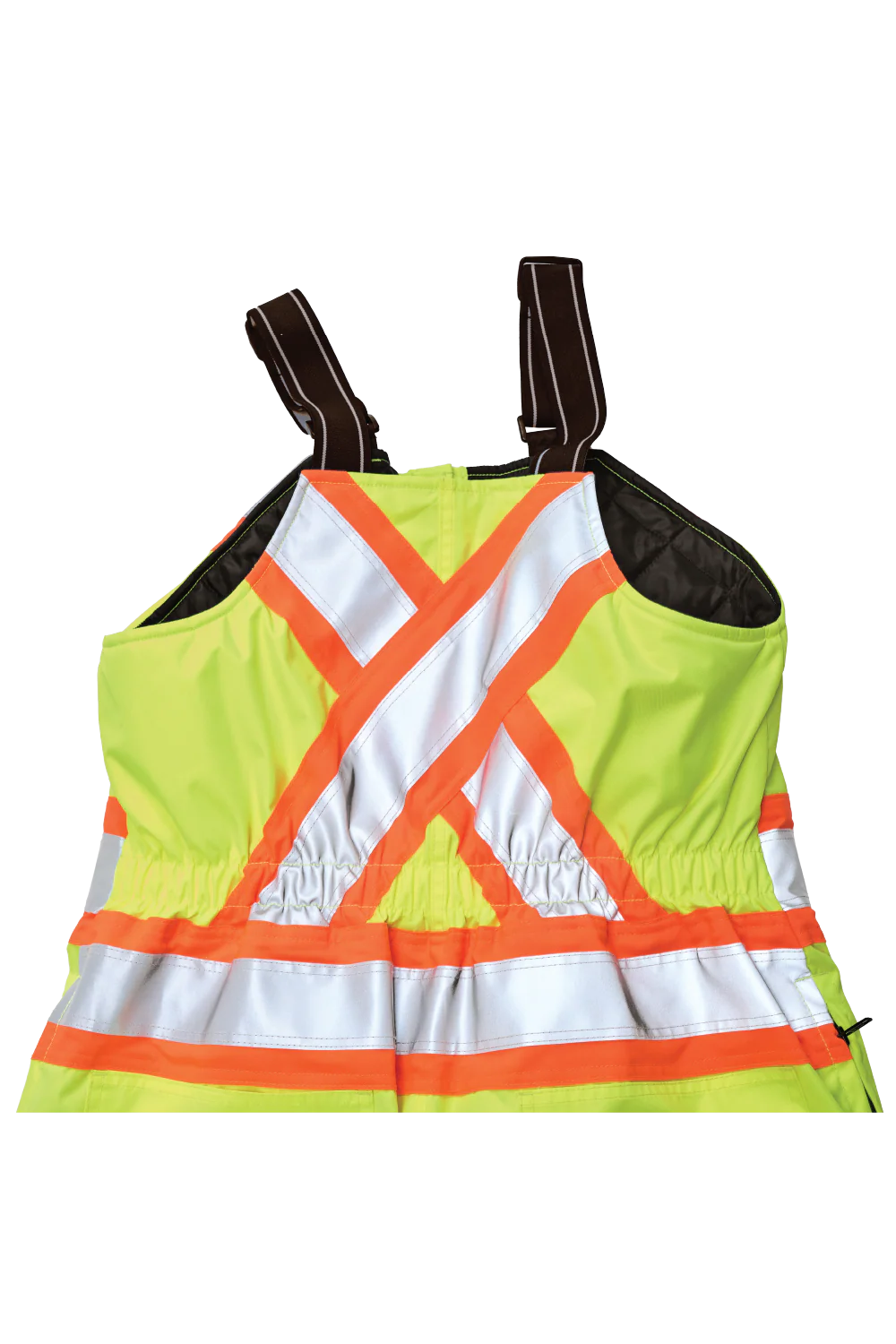 High-visibility safety bib with reflective stripes on a white background