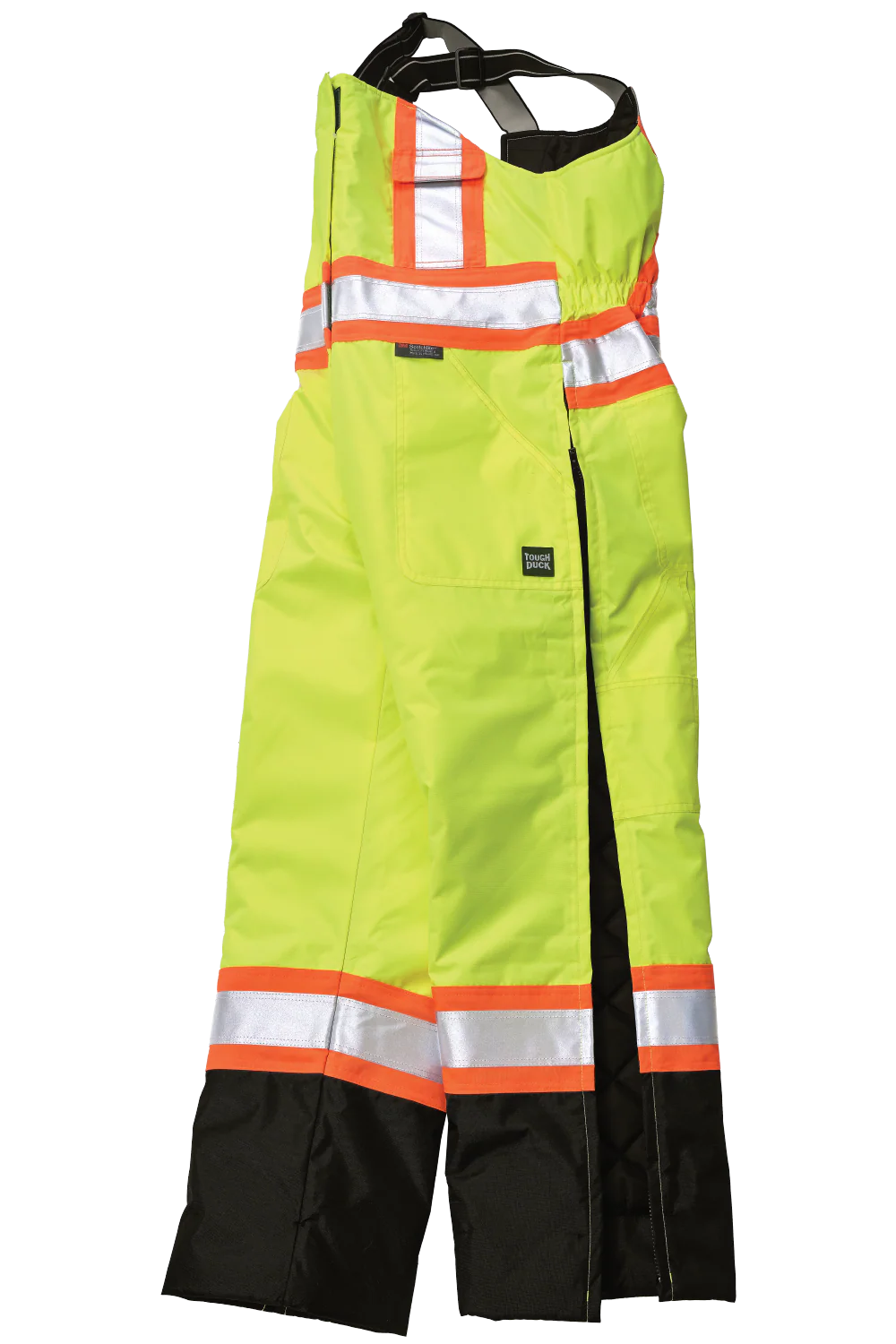 High-visibility safety pants with reflective stripes on a white background