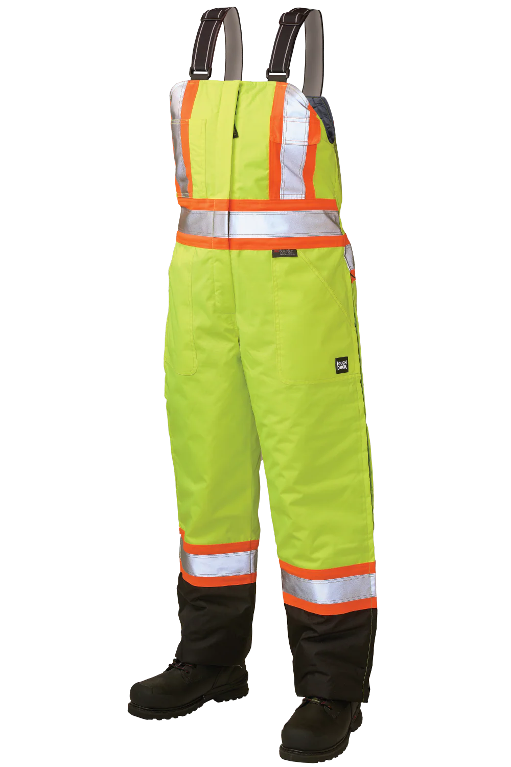 High-visibility safety bib overalls with reflective stripes on a white background