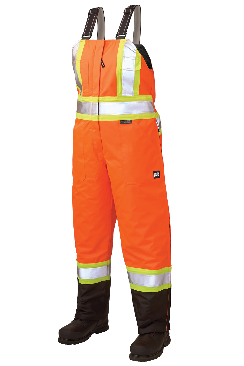 Orange safety bib overalls with reflective stripes on a white background
