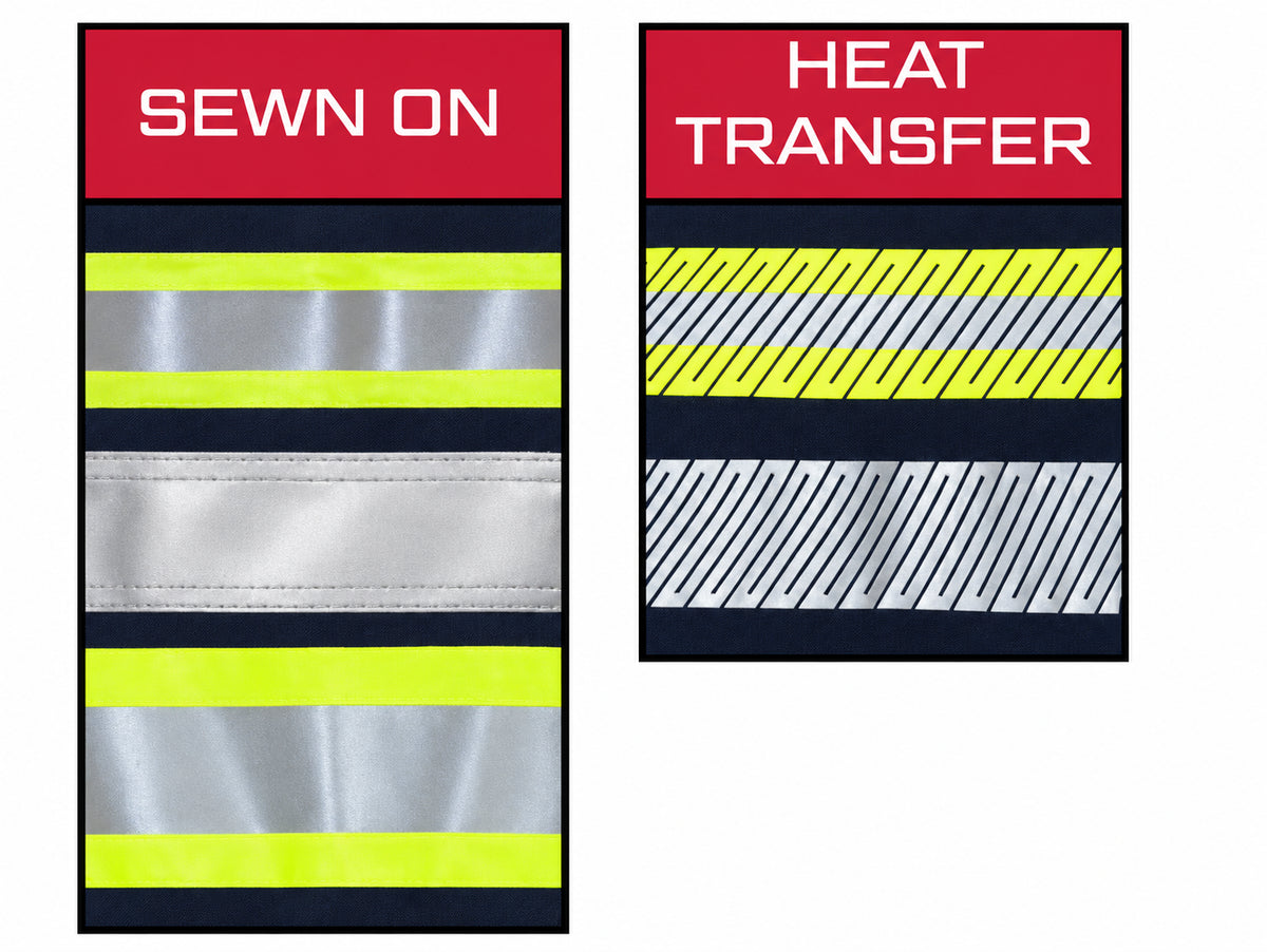 Sewn-on and heat-transfer reflective striping comparison