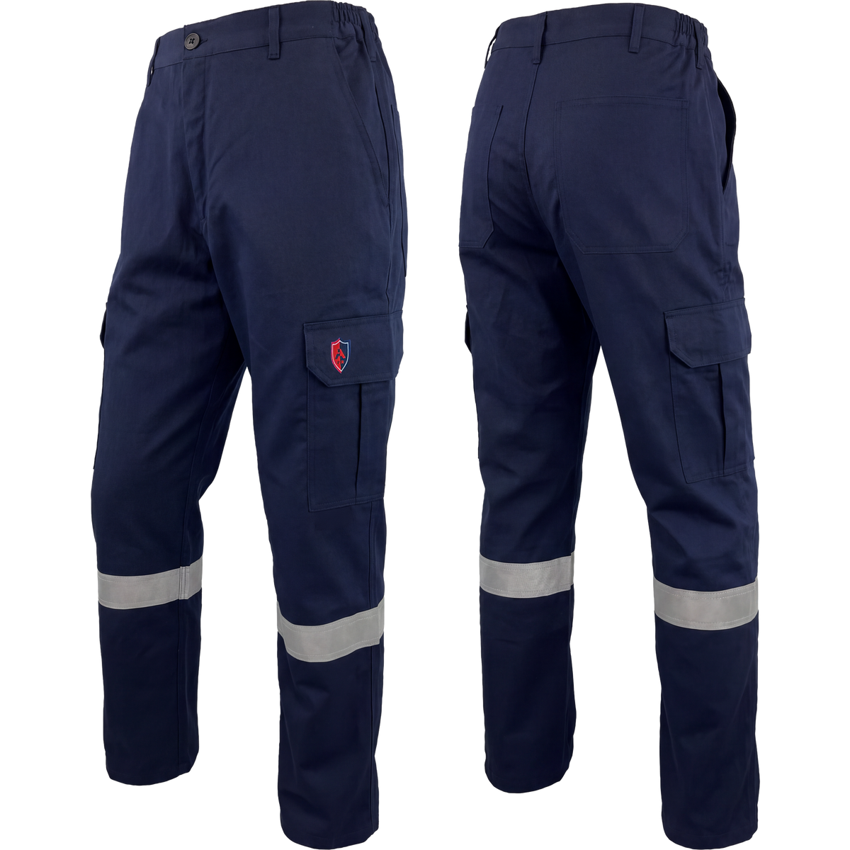 Atlas Guardian 405WNB navy FR/AR lined cargo pants with 2-inch silver striping, front and back views