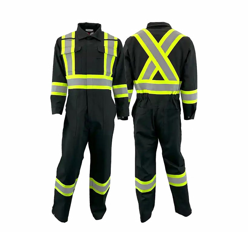 Front and back view of black coveralls with high visibility yellow and silver reflective stripes and multiple pockets.
