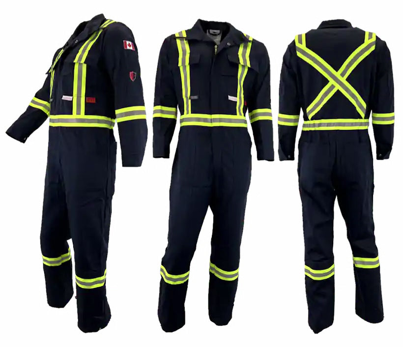A set of three images displaying the front, back, and side views of an Atlas Workwear coverall with yellow reflective stripes. The coverall has multiple pockets and zipper closures.