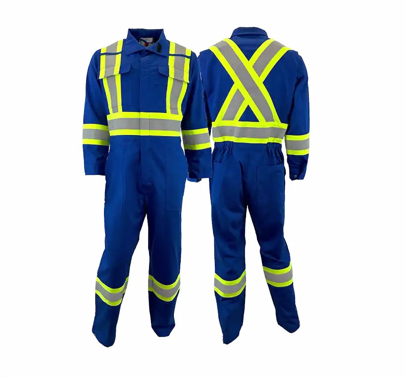 Front and back view of royal blue coveralls with high visibility yellow and silver reflective stripes and multiple pockets.