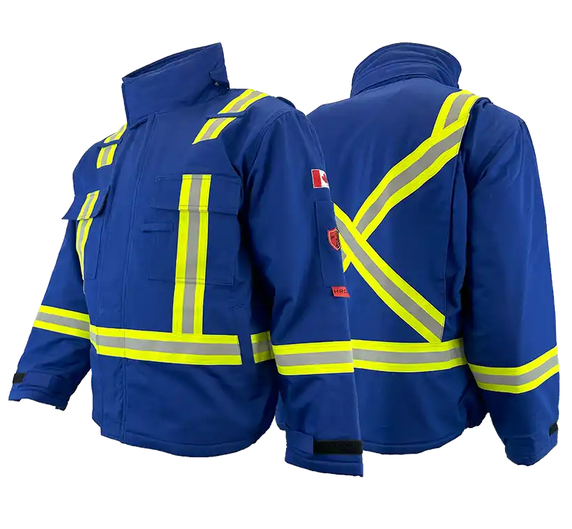Front and back view of a blue insulated FR/AR bomber jacket with yellow reflective stripes, designed for safety and high visibility.