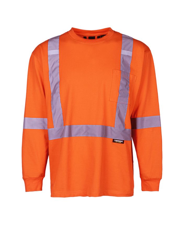 Orange 100% Cotton Hi-Vis Long Sleeve T-Shirt w/2" Perforated Striping by Terra Workwear - Style 116636
