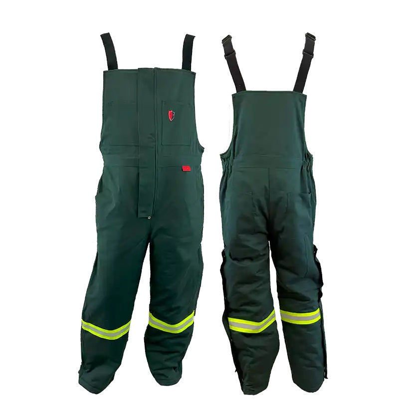 ARC FR winter bib overalls with reflective yellow stripes on the legs, featuring heavy-duty zippers and adjustable straps by Atlas Workwear Style 2192