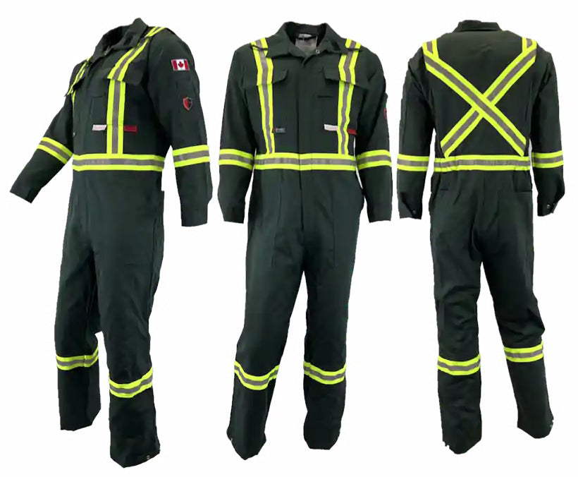 A set of three images displaying the front, back, and side views of an Atlas Workwear coverall with yellow reflective stripes. The coverall has multiple pockets and zipper closures.