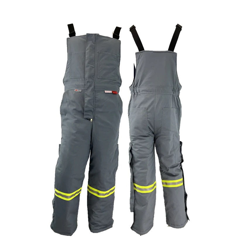 ARC FR winter bib overalls with reflective yellow stripes on the legs, featuring heavy-duty zippers and adjustable straps by Atlas Workwear Style 2192