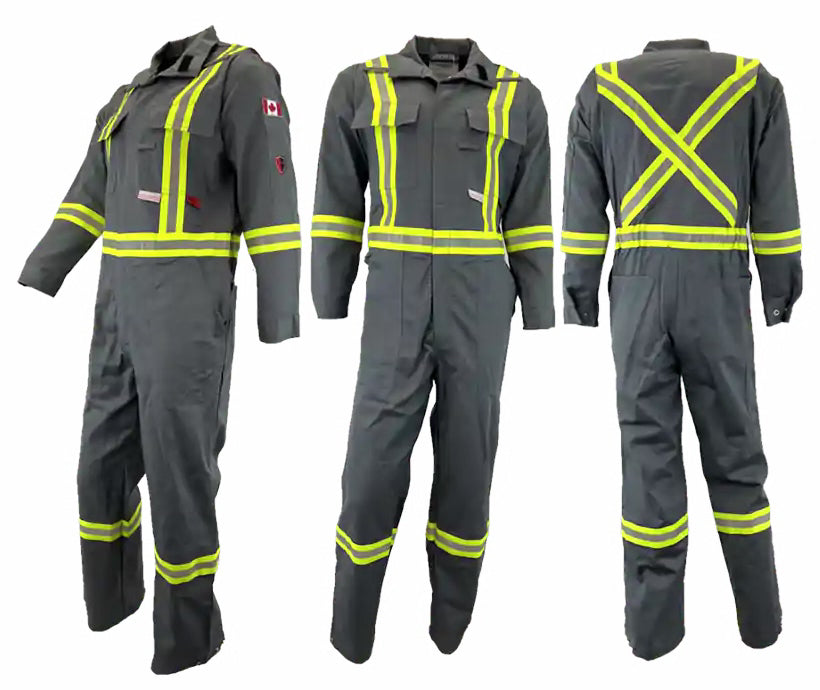 A set of three images displaying the front, back, and side views of an Atlas Workwear coverall with yellow reflective stripes. The coverall has multiple pockets and zipper closures.