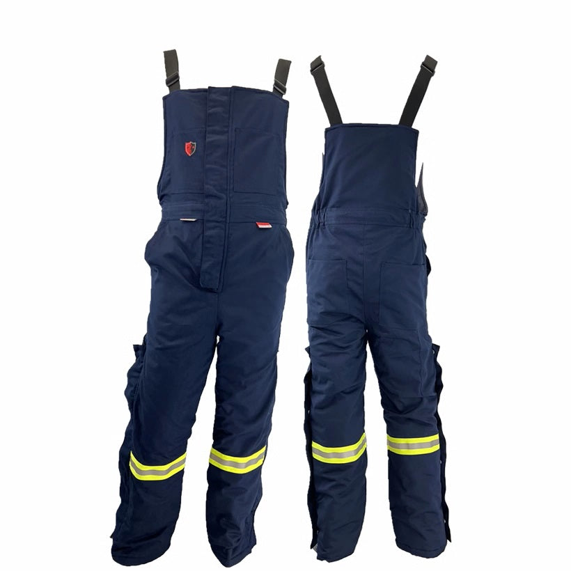 ARC FR winter bib overalls with reflective yellow stripes on the legs, featuring heavy-duty zippers and adjustable straps by Atlas Workwear Style 2192