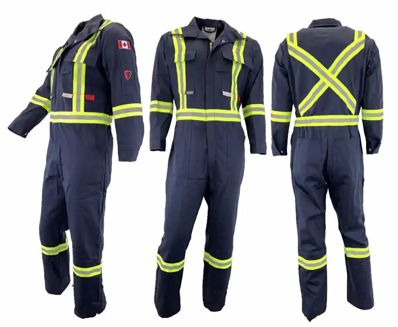 A set of three images displaying the front, back, and side views of an Atlas Workwear coverall with yellow reflective stripes. The coverall has multiple pockets and zipper closures.